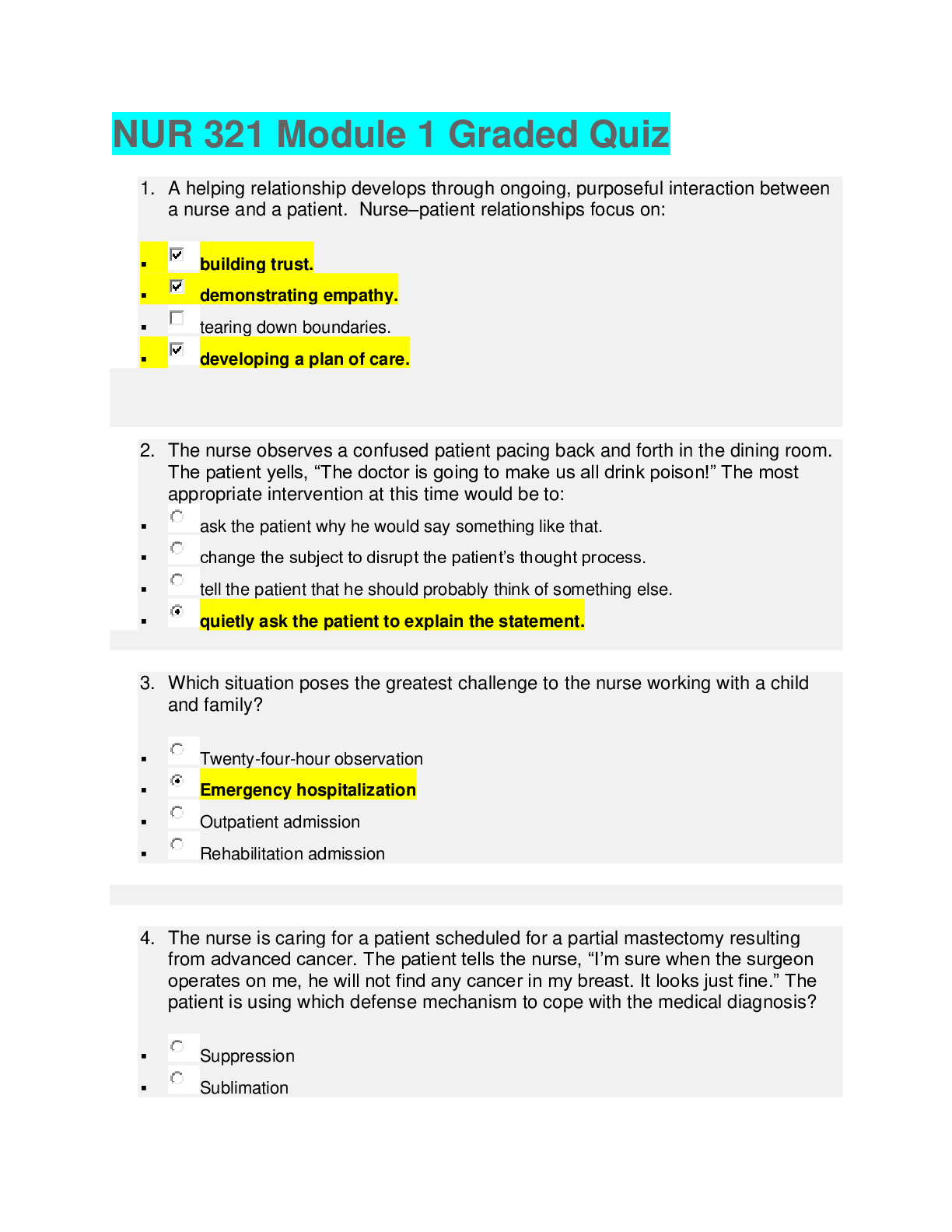 NUR 321 Module 1-3 Graded Quizzes_Complete Solutions